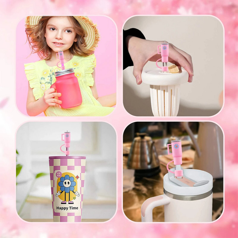 4 τεμ Ψάθινο καπάκι για κάλυμμα σιλικόνης Stanley Cup συμβατό με ποτήρι Stanley 30&40 oz με καλύμματα λαβής από ψάθινα μύτη