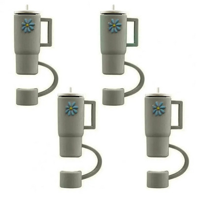 4 τμχ Straw Topper Food Grade Flower Pattern Ψάθινο κάλυμμα κινουμένων σχεδίων με λαβή Πολλαπλών χρήσεων Silica Gel Κάλυμμα με άχυρο