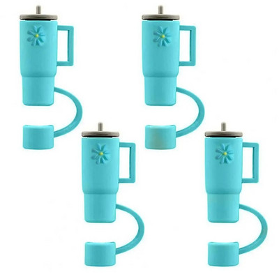 4 τμχ Straw Topper Food Grade Flower Pattern Ψάθινο κάλυμμα κινουμένων σχεδίων με λαβή Πολλαπλών χρήσεων Silica Gel Κάλυμμα με άχυρο