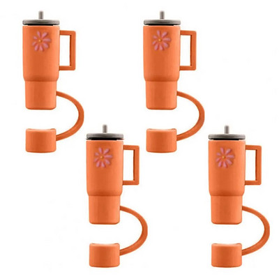 4 τμχ Straw Topper Food Grade Flower Pattern Ψάθινο κάλυμμα κινουμένων σχεδίων με λαβή Πολλαπλών χρήσεων Silica Gel Κάλυμμα με άχυρο