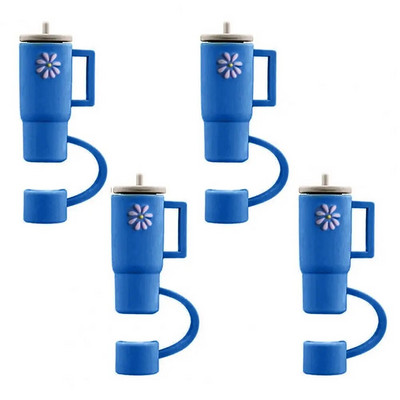 4 τμχ Straw Topper Food Grade Flower Pattern Ψάθινο κάλυμμα κινουμένων σχεδίων με λαβή Πολλαπλών χρήσεων Silica Gel Κάλυμμα με άχυρο