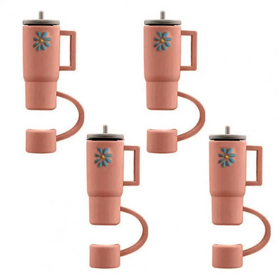 4 τμχ Straw Topper Food Grade Flower Pattern Ψάθινο κάλυμμα κινουμένων σχεδίων με λαβή Πολλαπλών χρήσεων Silica Gel Κάλυμμα με άχυρο