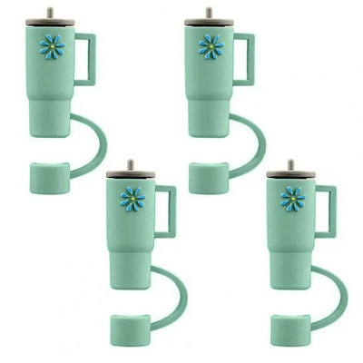 4 τμχ Straw Topper Food Grade Flower Pattern Ψάθινο κάλυμμα κινουμένων σχεδίων με λαβή Πολλαπλών χρήσεων Silica Gel Κάλυμμα με άχυρο
