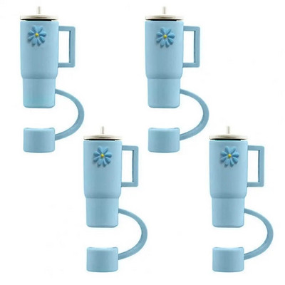 4 τμχ Straw Topper Food Grade Flower Pattern Ψάθινο κάλυμμα κινουμένων σχεδίων με λαβή Πολλαπλών χρήσεων Silica Gel Κάλυμμα με άχυρο
