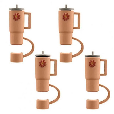 4 τμχ Straw Topper Food Grade Flower Pattern Ψάθινο κάλυμμα κινουμένων σχεδίων με λαβή Πολλαπλών χρήσεων Silica Gel Κάλυμμα με άχυρο