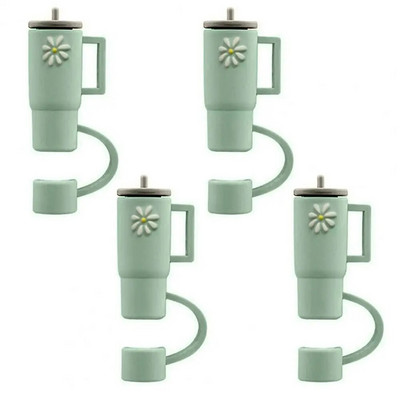 4 τμχ Straw Topper Food Grade Flower Pattern Ψάθινο κάλυμμα κινουμένων σχεδίων με λαβή Πολλαπλών χρήσεων Silica Gel Κάλυμμα με άχυρο