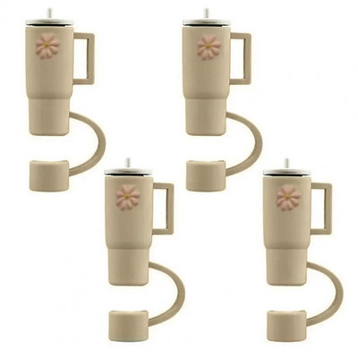 4 τμχ Straw Topper Food Grade Flower Pattern Ψάθινο κάλυμμα κινουμένων σχεδίων με λαβή Πολλαπλών χρήσεων Silica Gel Κάλυμμα με άχυρο