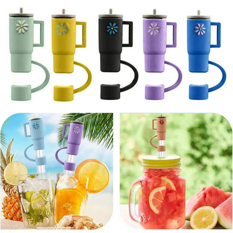 4 τμχ Straw Topper Food Grade Flower Pattern Ψάθινο κάλυμμα κινουμένων σχεδίων με λαβή Πολλαπλών χρήσεων Silica Gel Κάλυμμα με άχυρο