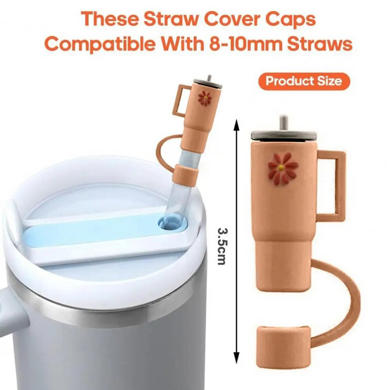 4 τμχ Straw Topper Food Grade Flower Pattern Ψάθινο κάλυμμα κινουμένων σχεδίων με λαβή Πολλαπλών χρήσεων Silica Gel Κάλυμμα με άχυρο