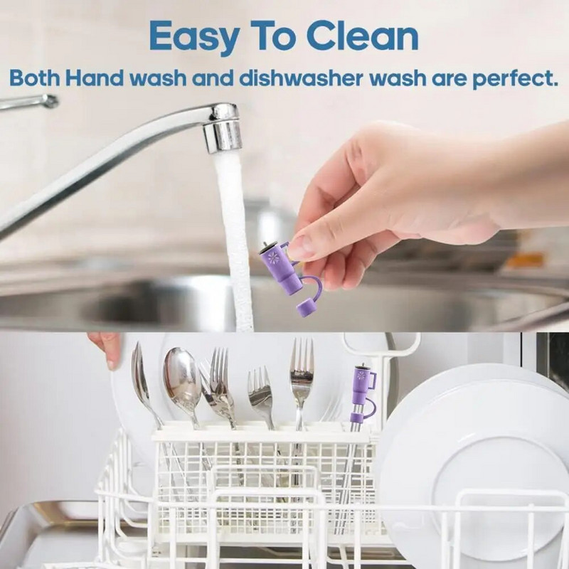 4 τμχ Straw Topper Food Grade Flower Pattern Ψάθινο κάλυμμα κινουμένων σχεδίων με λαβή Πολλαπλών χρήσεων Silica Gel Κάλυμμα με άχυρο