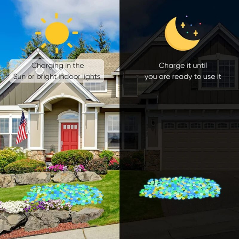 50/100 vnt Švyti tamsoje sode Akmenukai Švyti akmenys Uolos takams Sodo takas Patio veja Sodo kiemo dekoras Šviečiantys akmenys