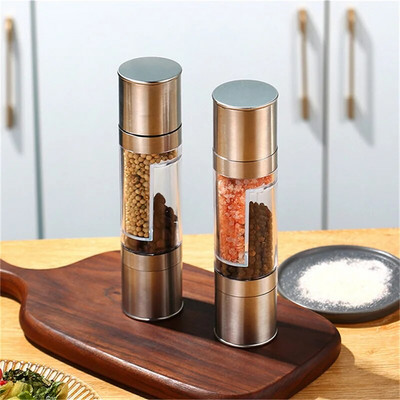1 dvojitý ručný mlynček vhodný na mletie kuchynských fliaš s korením, ako je čierne korenie, korenie, morská soľ, rasca atď.