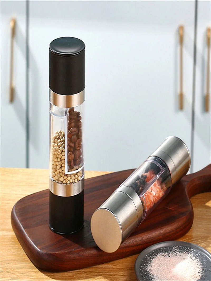 1 dvojitý ručný mlynček vhodný na mletie kuchynských fliaš s korením, ako je čierne korenie, korenie, morská soľ, rasca atď.