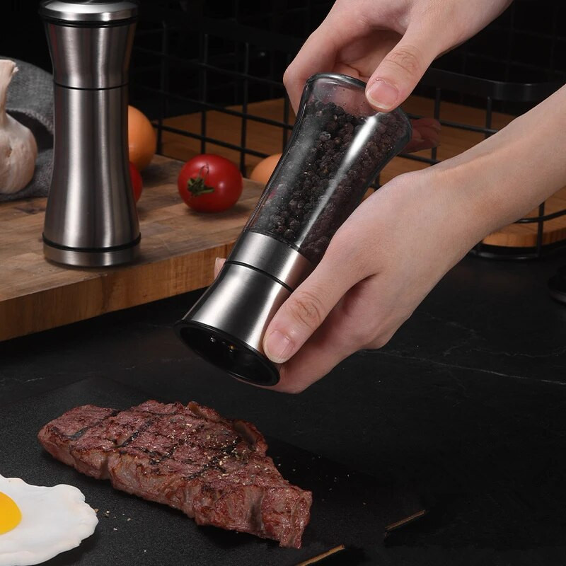 304 nerūdijančio plieno pipirų malūnėlis rankiniu būdu pasukite jūros druskos malūnėlį buityje didelės talpos prieskonių buteliuko virtuvės prieskonių įrankiai