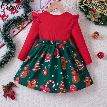 Ceeniu Παιδικά Χριστουγεννιάτικα Φορέματα για Κορίτσια Faux-Two Xmas Print Κόκκινο Φόρεμα Πριγκίπισσας Φεστιβάλ Κοριτσίστικα Ρούχα Παιδική Πρωτοχρονιάτικη Στολή