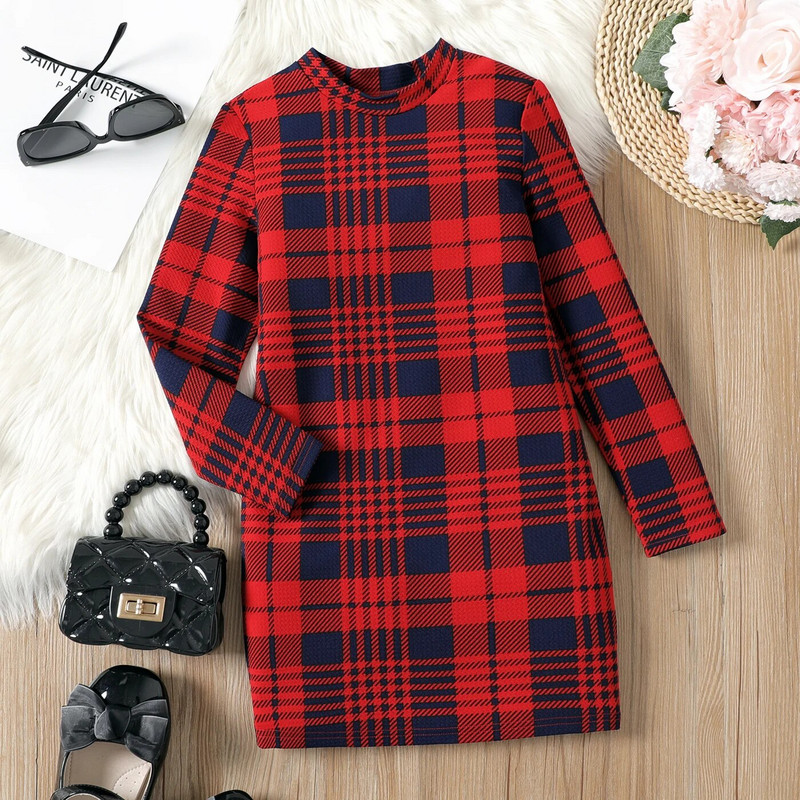 PatPat Christmas Dresses Kid Girl Božićna karirana haljina s dugim rukavima sa samostojećim ovratnikom