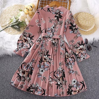 Φόρεμα Παιδικό φόρεμα για κορίτσια 8-12 ετών για κορίτσια ροζ φλοράλ στάμπα Πλισέ μακρυμάνικο φόρεμα Κορεατικού στιλ casual διακοπές Φόρεμα