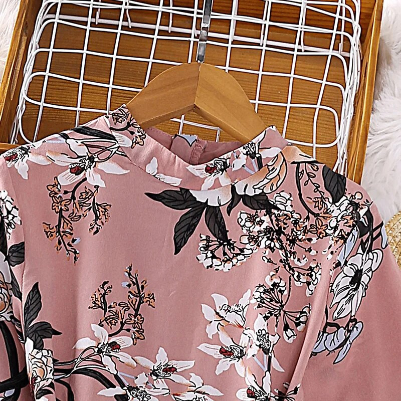 Suknelė vaikams 8–12 metų mergaičių rožinė gėlių rašto suknelė su klostuota ilgomis rankovėmis Korėjietiško stiliaus laisvalaikio atostogų suknelė