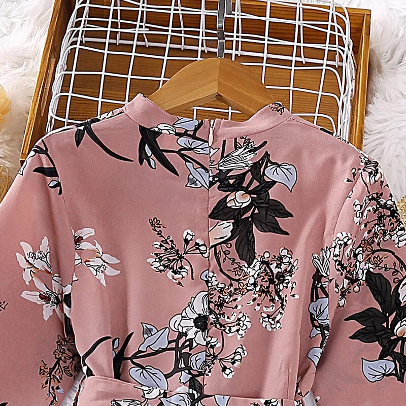 Suknelė vaikams 8–12 metų mergaičių rožinė gėlių rašto suknelė su klostuota ilgomis rankovėmis Korėjietiško stiliaus laisvalaikio atostogų suknelė