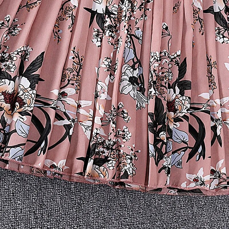 Suknelė vaikams 8–12 metų mergaičių rožinė gėlių rašto suknelė su klostuota ilgomis rankovėmis Korėjietiško stiliaus laisvalaikio atostogų suknelė