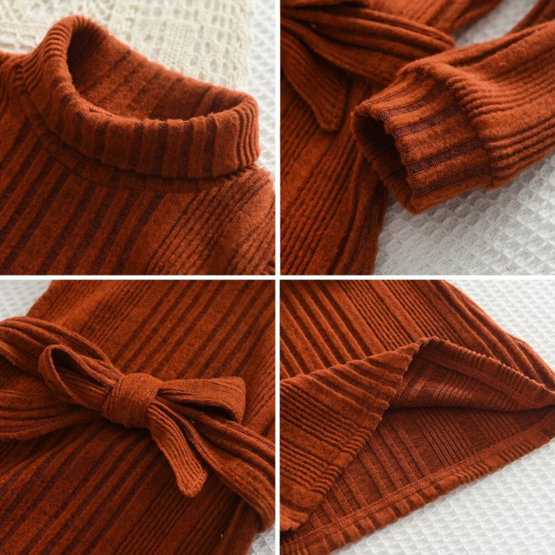 Mergaičių vilnonė suknelė 2023 m. Nauja vaikiška rudens žiemos suknelė su aukštu kaklu skraidančiomis rankovėmis suvarstoma megzta ilgomis rankovėmis