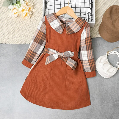 Φόρεμα Παιδικά κορίτσια 4-7 ετών Καφέ μακρυμάνικο καρό φόρεμα συνονθύλευμα για κορίτσια Άνοιξη φθινόπωρο σε κορεατικό στυλ Casual