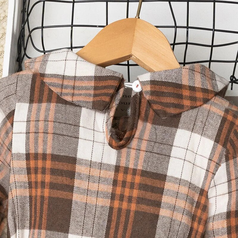 Φόρεμα Παιδικά κορίτσια 4-7 ετών Καφέ μακρυμάνικο καρό φόρεμα συνονθύλευμα για κορίτσια Άνοιξη φθινόπωρο σε κορεατικό στυλ Casual