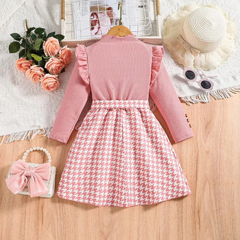 Нова есенна рокля за 2023 г. Детски момичета 4-7 години Розова плетена пачуърк розова карирана рокля в корейски стил Ежедневни дрехи Рокля