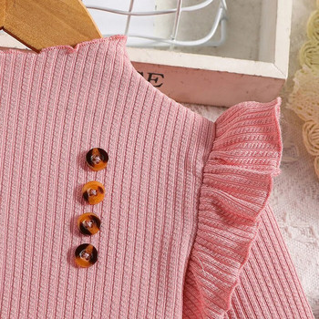 Нова есенна рокля за 2023 г. Детски момичета 4-7 години Розова плетена пачуърк розова карирана рокля в корейски стил Ежедневни дрехи Рокля