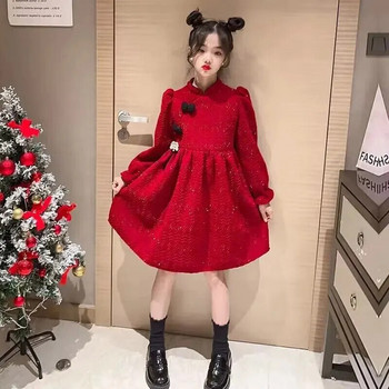 Зимна кадифена рокля за момичета Новогодишна рокля Cheongsam Деца принцеса Червени новогодишни дрехи Памучен материал А-образна рокля