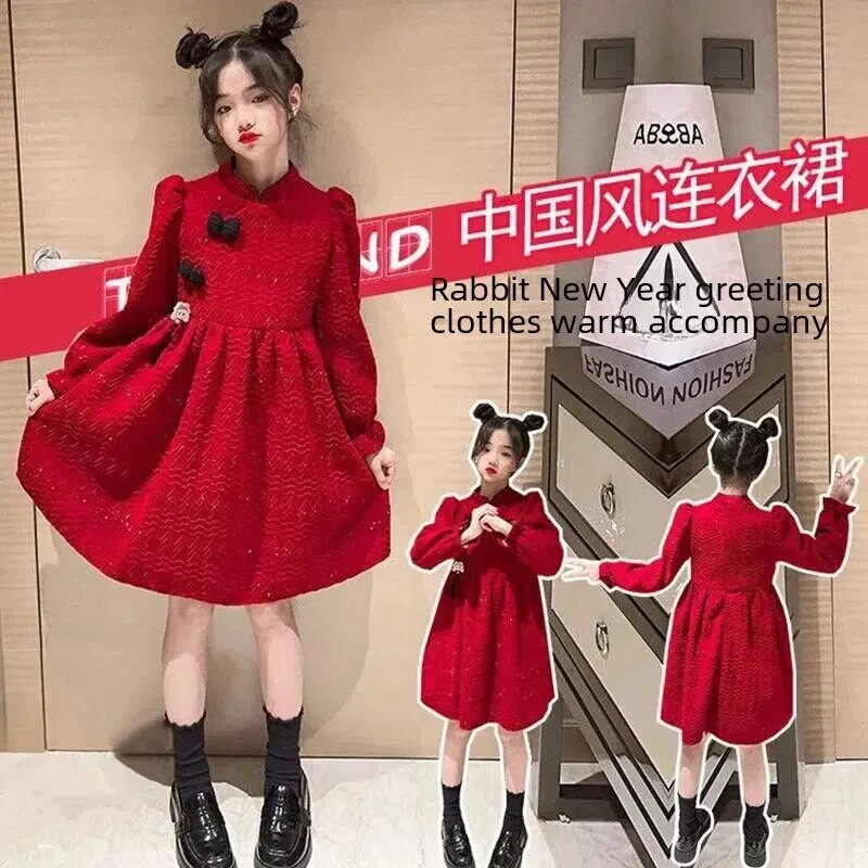 Mergaičių žieminė velvetinė suknelė Naujųjų metų Cheongsam vaikiška princesė Raudoni Naujųjų metų drabužiai Medvilninės medžiagos A formos suknelė