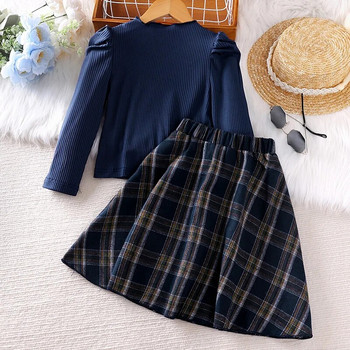 Комплекти дрехи за момичета 4-7 години Сини плетени горнища с дълъг ръкав за момиченце + синя карирана пола Елегантни костюми в корейски стил