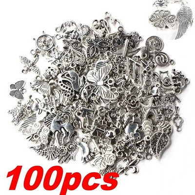 100 bucăți argint tibetan mixt inimă fluture cheie coroană brelocuri pandantive bijuterii DIY pentru colier brățări accesorii