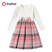 PatPat παιδικά φορέματα για κορίτσια με σχέδιο παπιγιόν Γλυκό καρό με ραβδώσεις μακρυμάνικο φόρεμα