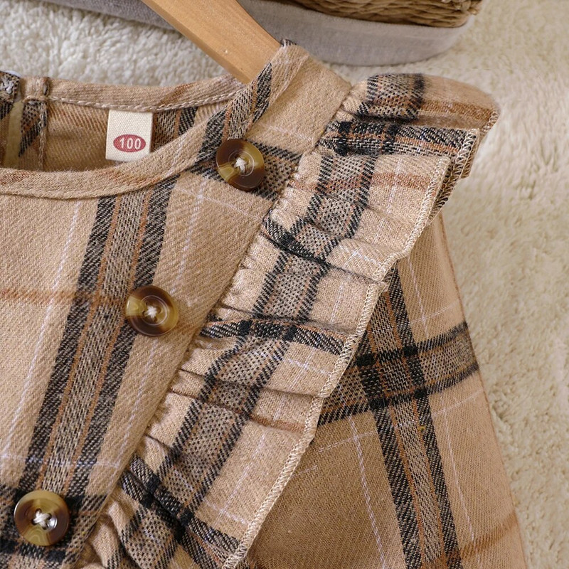 Dievčenské jarné a jesenné nové okrúhle výstrihové kartáčované kockované šnurovacie dlhé rukávy s klobúkom