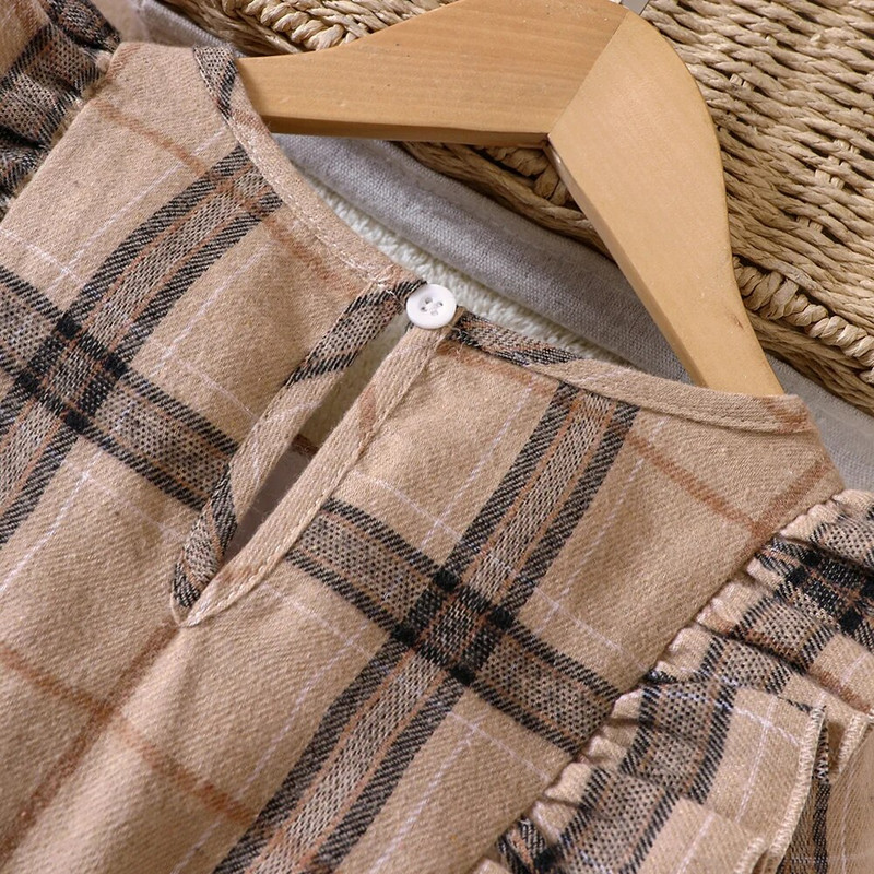 Dievčenské jarné a jesenné nové okrúhle výstrihové kartáčované kockované šnurovacie dlhé rukávy s klobúkom