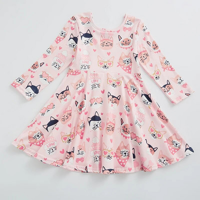 Girlymax Spring Baby Girls Kids Love Heart Cat Rainbow print με κοντό μανίκι Milk μεταξωτό φόρεμα