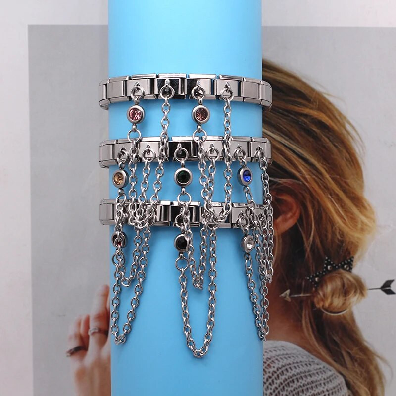 Hapiship Αυθεντικό Σχέδιο Στρογγυλό Χρώμα CZ Chain Link Italian Charm Fit 9mm Βραχιόλι από ανοξείδωτο ατσάλι Κατασκευή DIY κοσμήματα DJ319