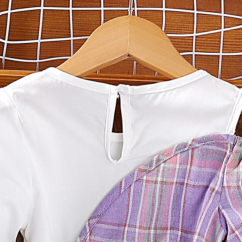 Suknelė vaikams 4–7 metų mergaitei, purpurinė languota suknelė ilgomis rankovėmis, laisvalaikio korėjietiško stiliaus vaikiška suknelė