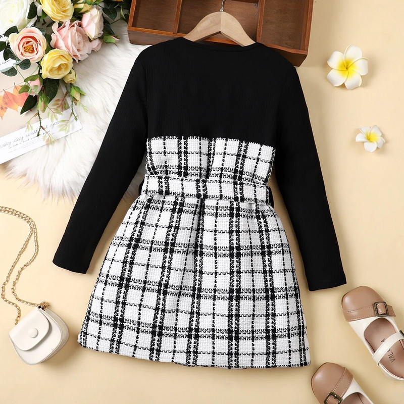 PatPat Φόρεμα για κορίτσι Παιδικό Κορίτσι Καρό Tweed Σχέδιο με Κουμπί Splice Ακανόνιστο στρίφωμα Μακρυμάνικο Κοριτσίστικα Φορέματα για 5-12 χρόνια