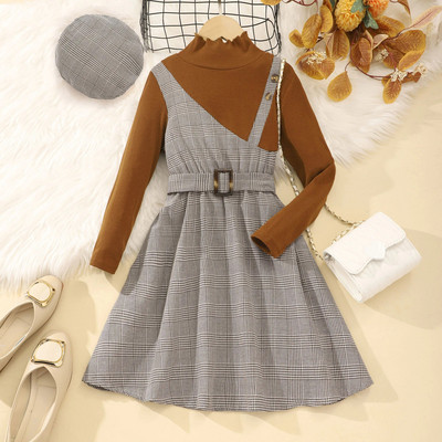 2023 Άνοιξη και Φθινόπωρο για κορίτσια Παιδικά ρούχα Καρό φόρεμα με μακρυμάνικο καπέλο ζώνης Κομψό φόρεμα μόδας 8 9 10 11 12 ετών