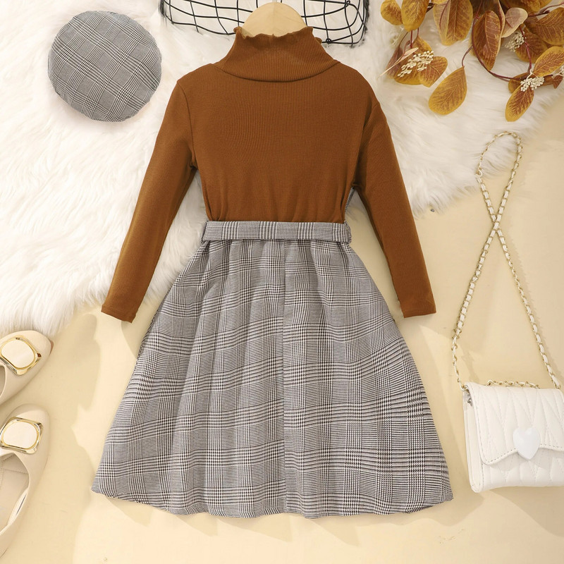 2023 Άνοιξη και Φθινόπωρο για κορίτσια Παιδικά ρούχα Καρό φόρεμα με μακρυμάνικο καπέλο ζώνης Κομψό φόρεμα μόδας 8 9 10 11 12 ετών