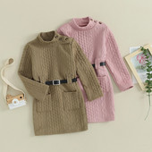 Pudcoco laste kaabliga kootud tüdrukukleit ühevärviline pikkade varrukatega kõrge kaelusega kampsunkleit, vööga sviiter 4-7T