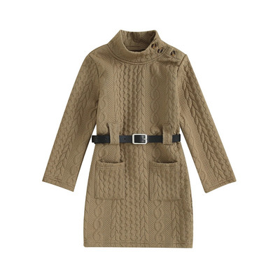 Pudcoco laste kaabliga kootud tüdrukukleit ühevärviline pikkade varrukatega kõrge kaelusega kampsunkleit, vööga sviiter 4-7T