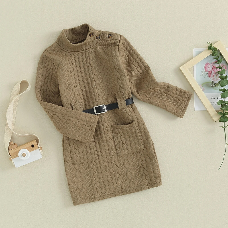 Pudcoco laste kaabliga kootud tüdrukukleit ühevärviline pikkade varrukatega kõrge kaelusega kampsunkleit, vööga sviiter 4-7T