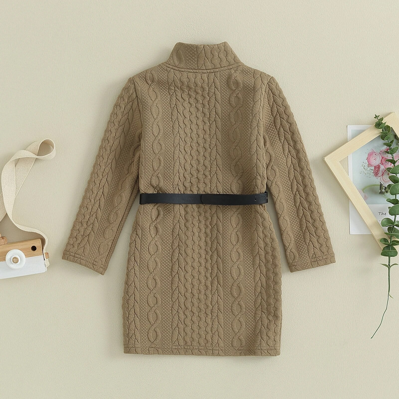 Pudcoco laste kaabliga kootud tüdrukukleit ühevärviline pikkade varrukatega kõrge kaelusega kampsunkleit, vööga sviiter 4-7T