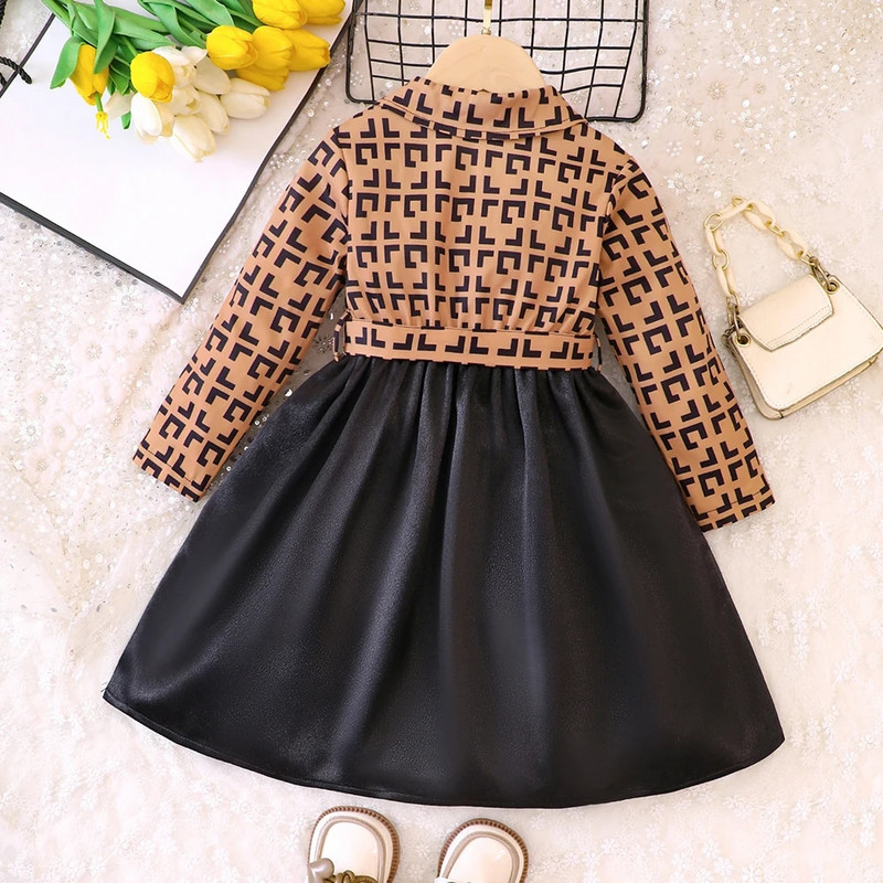 Κορίτσια Φθινόπωρο/Χειμώνα Νέο γιακά με στάμπα πόλο με δαντέλα Splice Fashion Dress