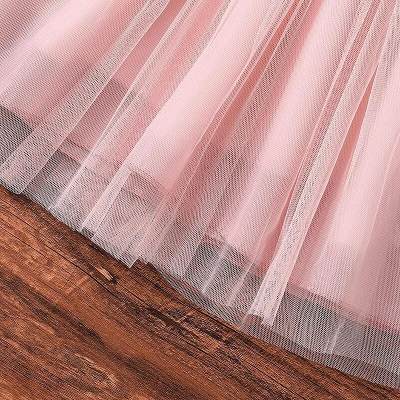 Suknelė vaikiškoms mergaitėms 4–7 metų rožinė V formos iškirptė, tinklinė suknelė ilgomis rankovėmis mergaitėms Korėjietiško stiliaus laisvalaikio atostogų suknelė