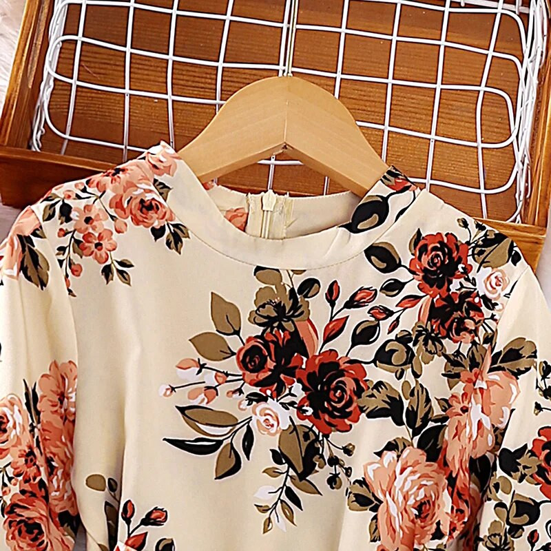 Suknelė mergaitėms 8-12 metų vaikiška smėlio spalvos ilgomis rankovėmis klostuota suknelė Stilinga mergaičių atostoginiai, šventiniai drabužiai, vaikiški drabužiai, suknelė