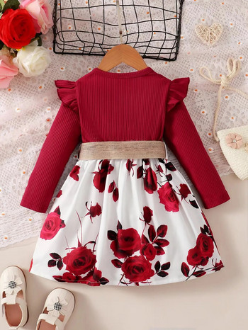 1-7 ετών Παιδικά Κορίτσια Πρωτοχρονιάτικο Φόρεμα Κόκκινη μακρυμάνικη φούστα λουλουδιών για πάρτι γενεθλίων Φόρεμα μόδας Φθινοπωρινά ρούχα